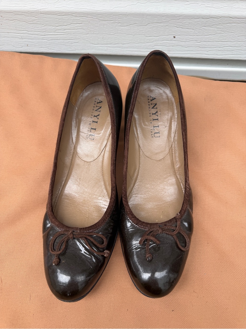 ANYI LU Women’s Pumps Size 38 Brown Patent Leather Suede Bow Made in Italy